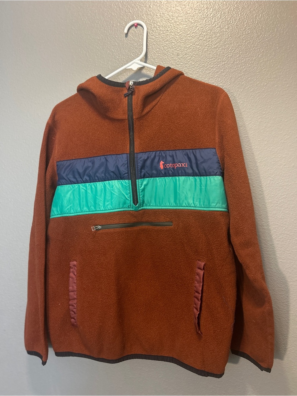 Cotopaxi Mens Teca Fleece Hooded Half Zip Jacket Rust Orange Brown Teal Stripe M